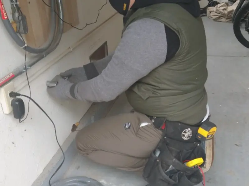 Electrician performing outlet wiring in a South Pasadena garage